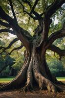 A majestic tree with sprawling branches and textured bark, set in a serene natural environment. photo