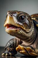Close-up of a turtle showcasing its detailed shell and expressive features. photo