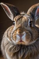 A close-up of a fluffy rabbit showcasing its expressive features. photo
