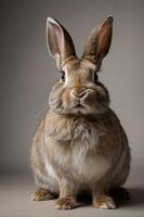 A close-up portrait of a rabbit with large ears and soft fur, showcasing its features. photo