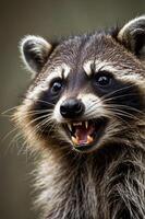 A close-up of a raccoon displaying its teeth in a natural setting. photo