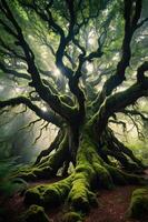 A majestic, moss-covered tree with intricate branches in a misty forest setting. photo
