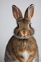 A close-up image of a rabbit showcasing its features against a neutral background. photo