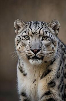 A close-up portrait of a snow leopard showcasing its striking features and fur patterns. photo