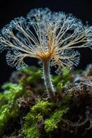 A close-up of a delicate, intricate fungus resembling a tree, set against a dark background. photo