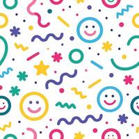 smiley face pattern with colorful shapes and stars vector