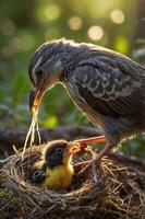 A parent bird feeding its chicks in a nest, showcasing nurturing behavior in nature. photo