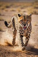 A cheetah running swiftly across a sandy landscape, showcasing its speed and agility. photo