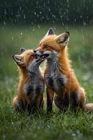 Two playful foxes nuzzle each other in a grassy field under gentle rain. photo