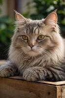 A close-up of a fluffy cat resting on a wooden surface with a blurred green background. photo