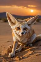 A fennec fox with large ears sits in the desert at sunset, showcasing its unique features. photo