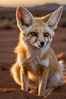 A close-up of a fennec fox in a desert setting, showcasing its large ears and expressive eyes. photo