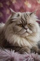 A close-up of a Persian cat with striking features and a soft fur background. photo