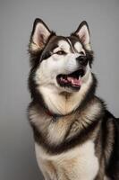A majestic dog with a thick coat and expressive features in a studio setting. photo