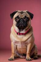 A cute pug sitting against a pink background, showcasing its expressive face and playful demeanor. photo