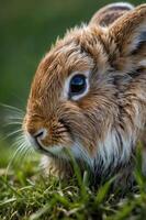 A close-up of a rabbit's face, showcasing its fur and expressive eye against a grassy background. photo