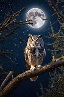 An owl perched on a branch under a full moon in a starry night sky. photo