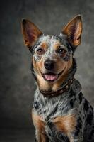 A close-up portrait of a dog with a speckled coat, displaying a friendly expression. photo