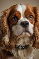 A close-up portrait of a Cavalier King Charles Spaniel with expressive eyes. photo