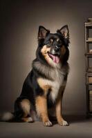 A cheerful dog sits with a friendly expression, showcasing its fluffy coat and playful demeanor. photo