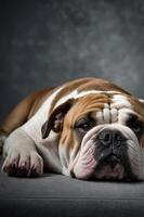 A resting bulldog lying on a gray surface with a calm expression. photo