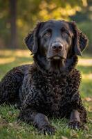 A curly-coated dog lying on grass, showcasing a calm and attentive expression. photo