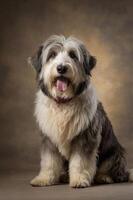 A fluffy dog sitting against a soft, blurred background, showcasing its friendly demeanor. photo