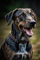 A close-up of a happy, brindle-patterned dog with bright eyes and a joyful expression. photo