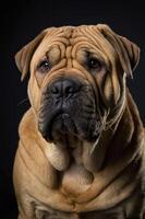 A close-up portrait of a Shar Pei dog with distinct wrinkles and a serious expression. photo