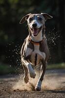 A joyful dog running through dirt, capturing a moment of playfulness and energy. photo