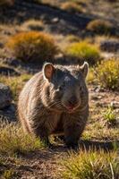 A close-up of a waddling wombat in a natural setting with grass and rocks. photo