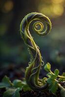 A close-up of a spiraling fern frond with dew drops, showcasing nature's intricate design. photo