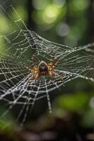 A close-up of a spider in its intricate web, glistening with dew in a natural setting. photo
