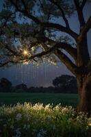 A serene night scene featuring a tree with glowing lights and flowers in a tranquil setting. photo