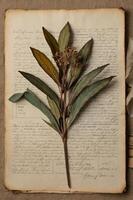 A pressed plant specimen on handwritten notes, showcasing botanical study and documentation. photo