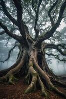 A majestic tree with sprawling roots and branches, shrouded in mist. photo