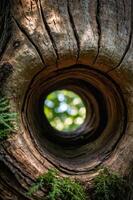 A close-up view of a tree trunk with a circular hole, revealing greenery beyond. photo