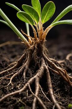 Close-up of a plant with visible roots in rich soil, illustrating growth and nature. photo