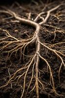 Close-up of intricate tree roots in dark soil, showcasing their structure and growth. photo