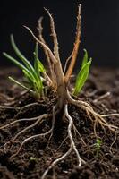 Close-up of plant roots and shoots emerging from soil, illustrating growth and nature. photo
