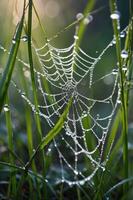A close-up of a spider web adorned with dew drops, set against a backdrop of grass. photo