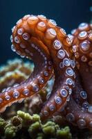 A close-up of an octopus showcasing its tentacles and suckers in a vibrant underwater scene. photo