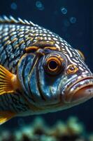 A close-up of a colorful fish showcasing intricate patterns and vibrant colors. photo