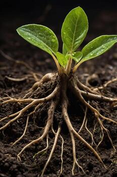A close-up of a young plant with roots in soil, symbolizing growth and nature. photo