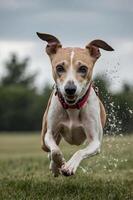 A dog joyfully running through a grassy field, showcasing agility and playfulness. photo