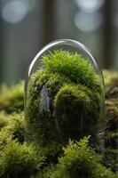 A glass dome encloses lush green moss, creating a miniature ecosystem. photo