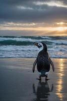 A lone penguin stands on a beach at sunset, reflecting on the wet sand and ocean waves. photo