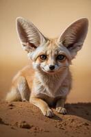 A close-up of a fennec fox with large ears, set against a sandy background. photo