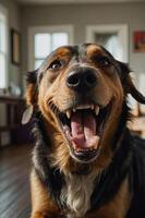A happy dog smiling widely in a cozy indoor setting. photo