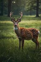 A majestic deer stands gracefully in a lush green meadow surrounded by trees. photo
